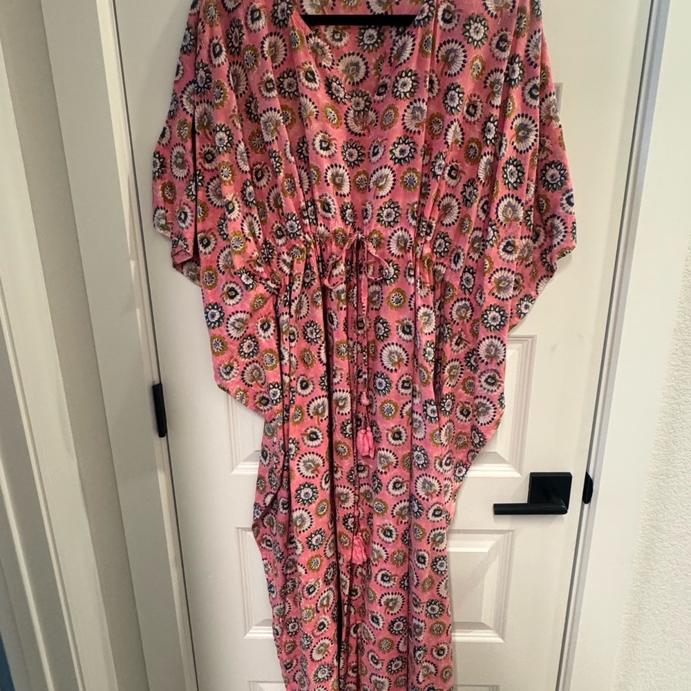 Designer Pax Philomena Pink Floral Kaftan | One Size | Boho Cotton Dress